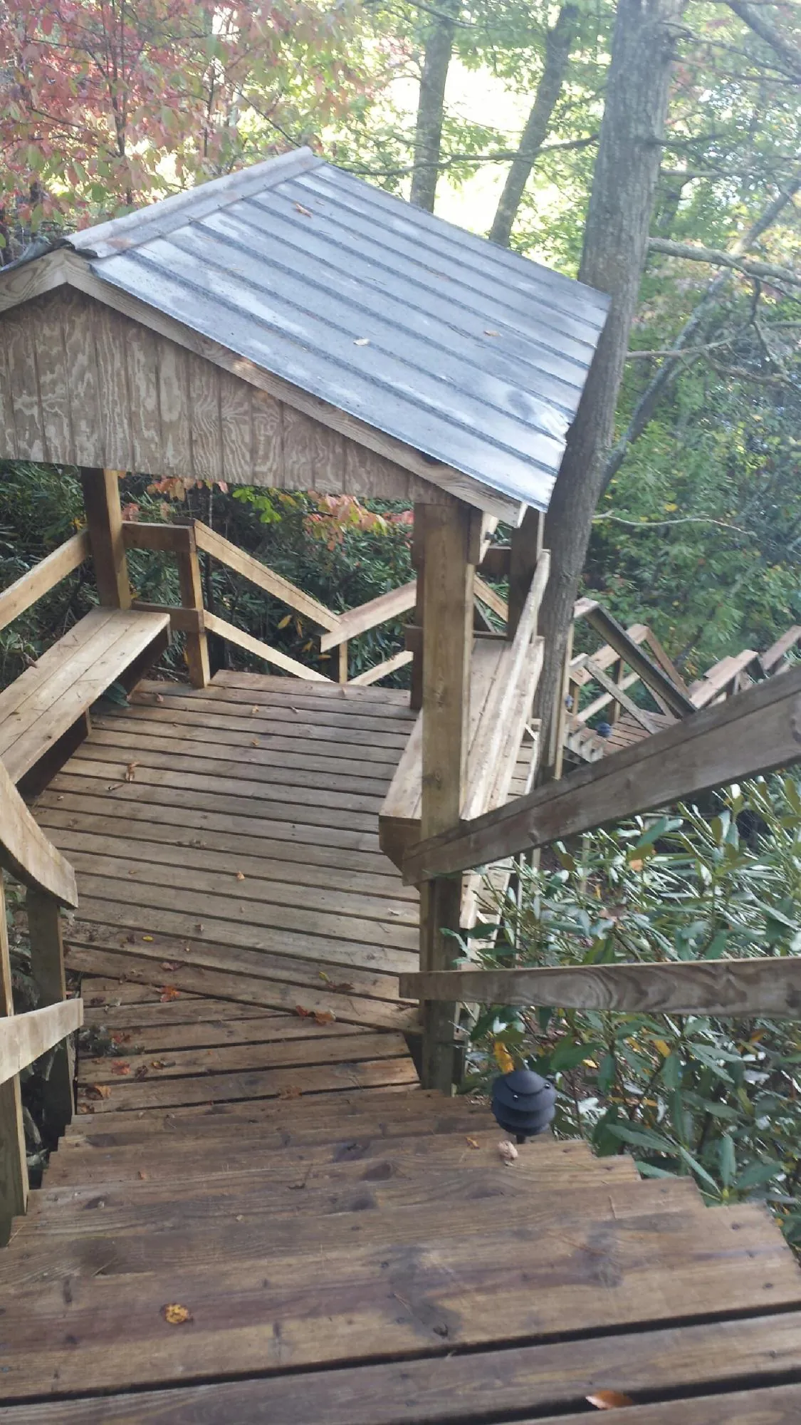 Metal roofed shelter over wooden steps on a wooded walkway — Skylight Repair & Installation work by our crew in Oregon City